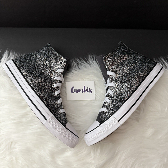 Converse Chuck Taylor All Star Hi Black/Silver/White Glitter Sneaker SZ 6 A09270 - Picture 2 of 11